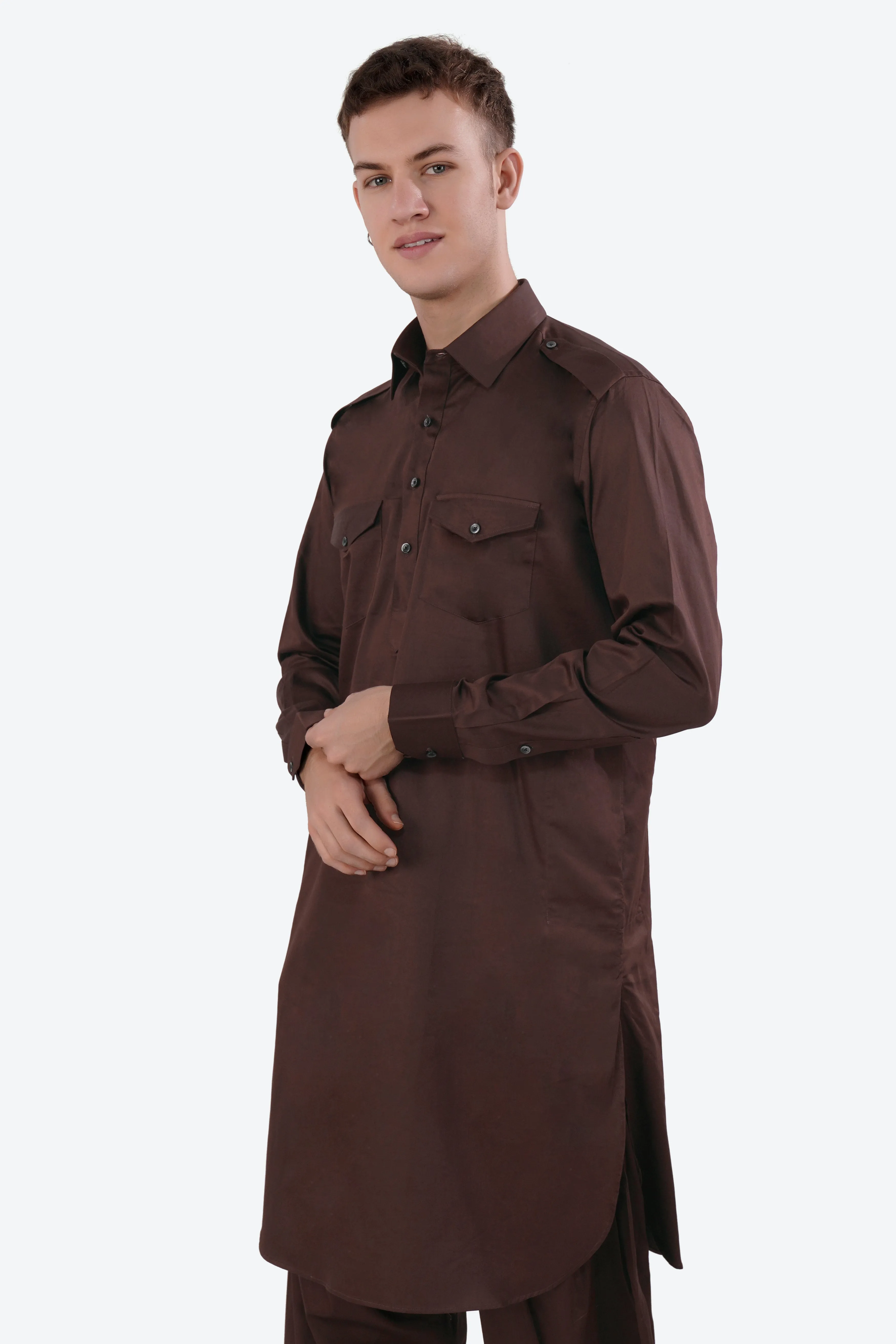 Bistre Brown Subtle Sheen Super Soft Premium Cotton Pathani Set