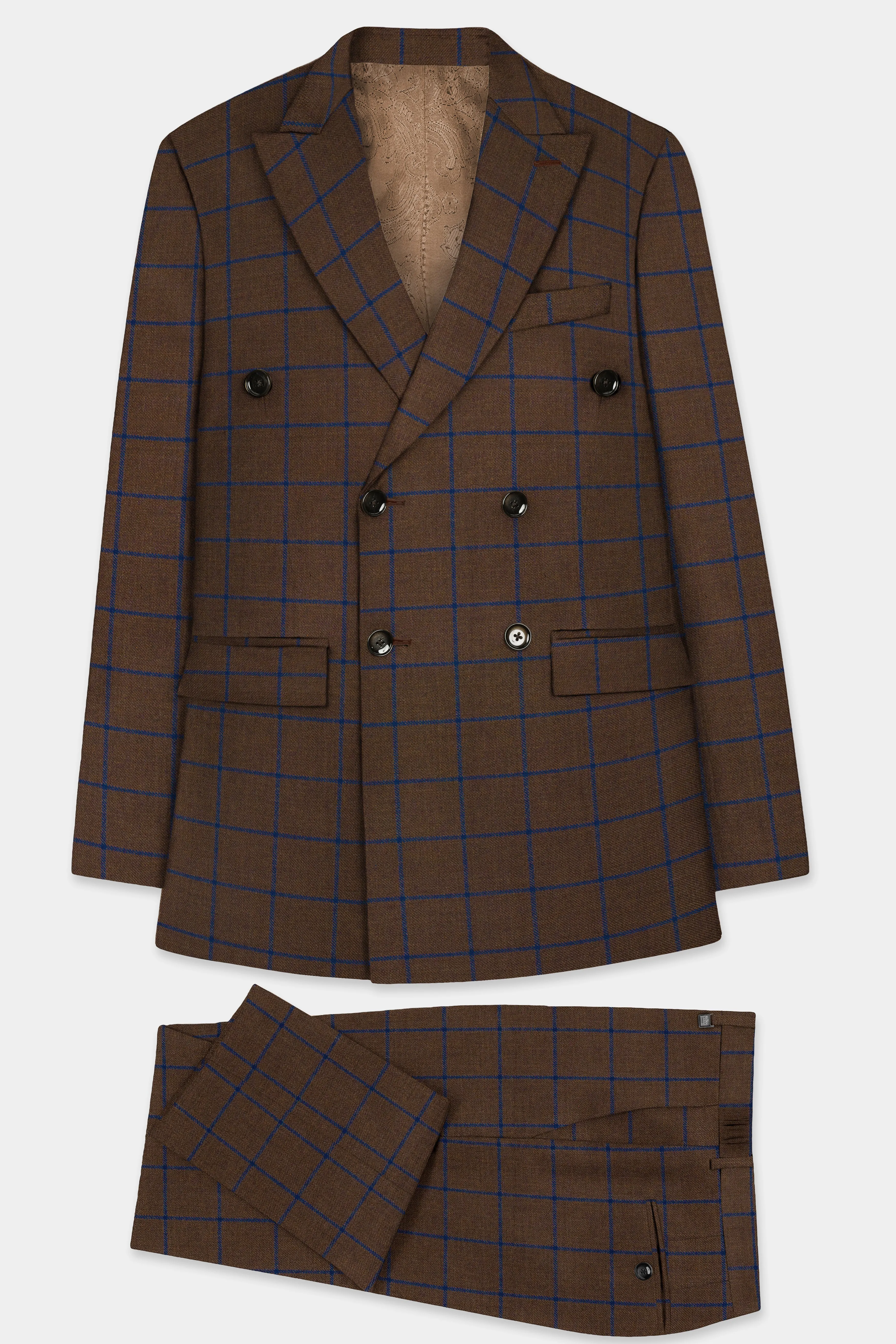 Bistre Brown with Catalina Blue Windowpane Double Breasted Tweed Suit