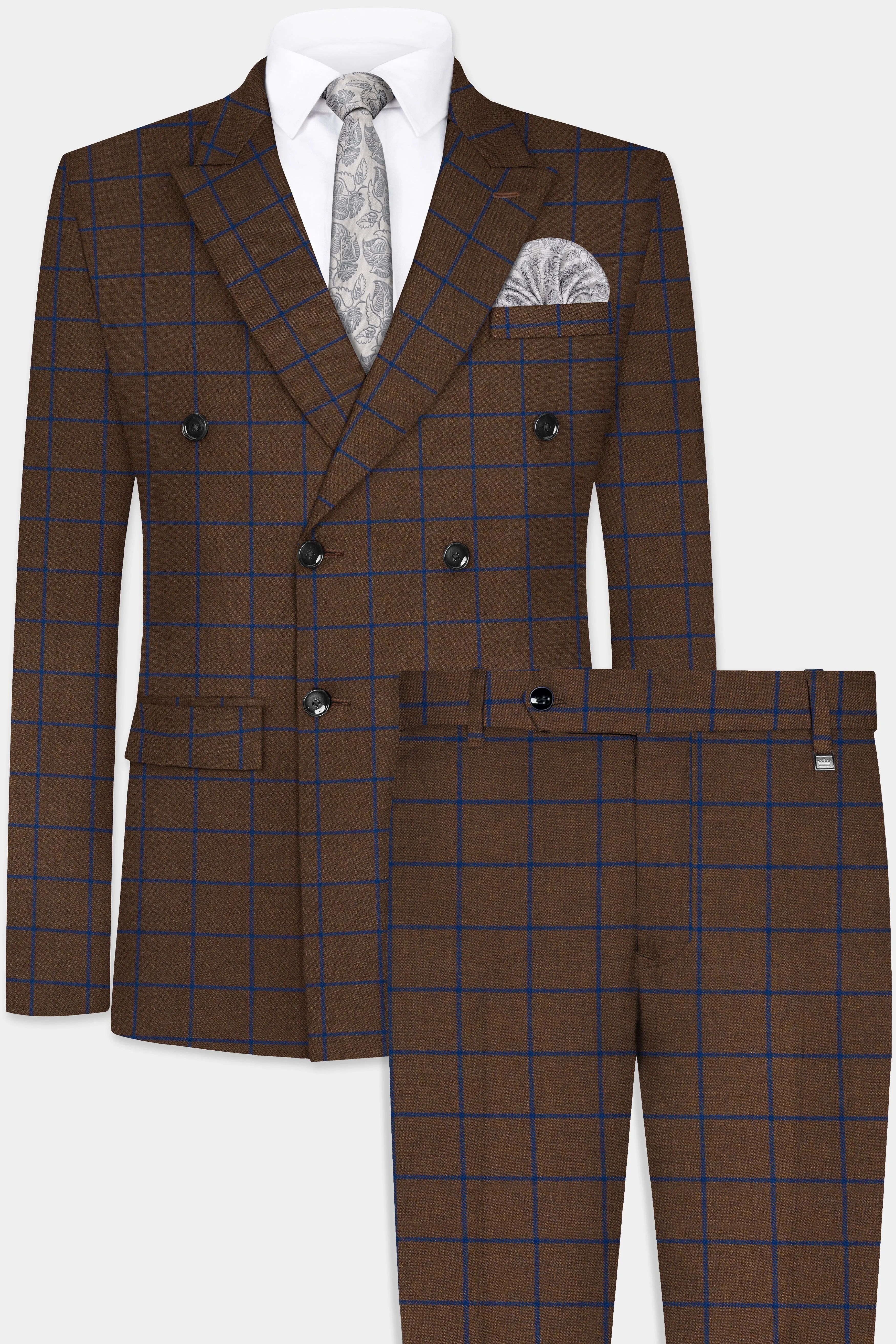 Bistre Brown with Catalina Blue Windowpane Double Breasted Tweed Suit