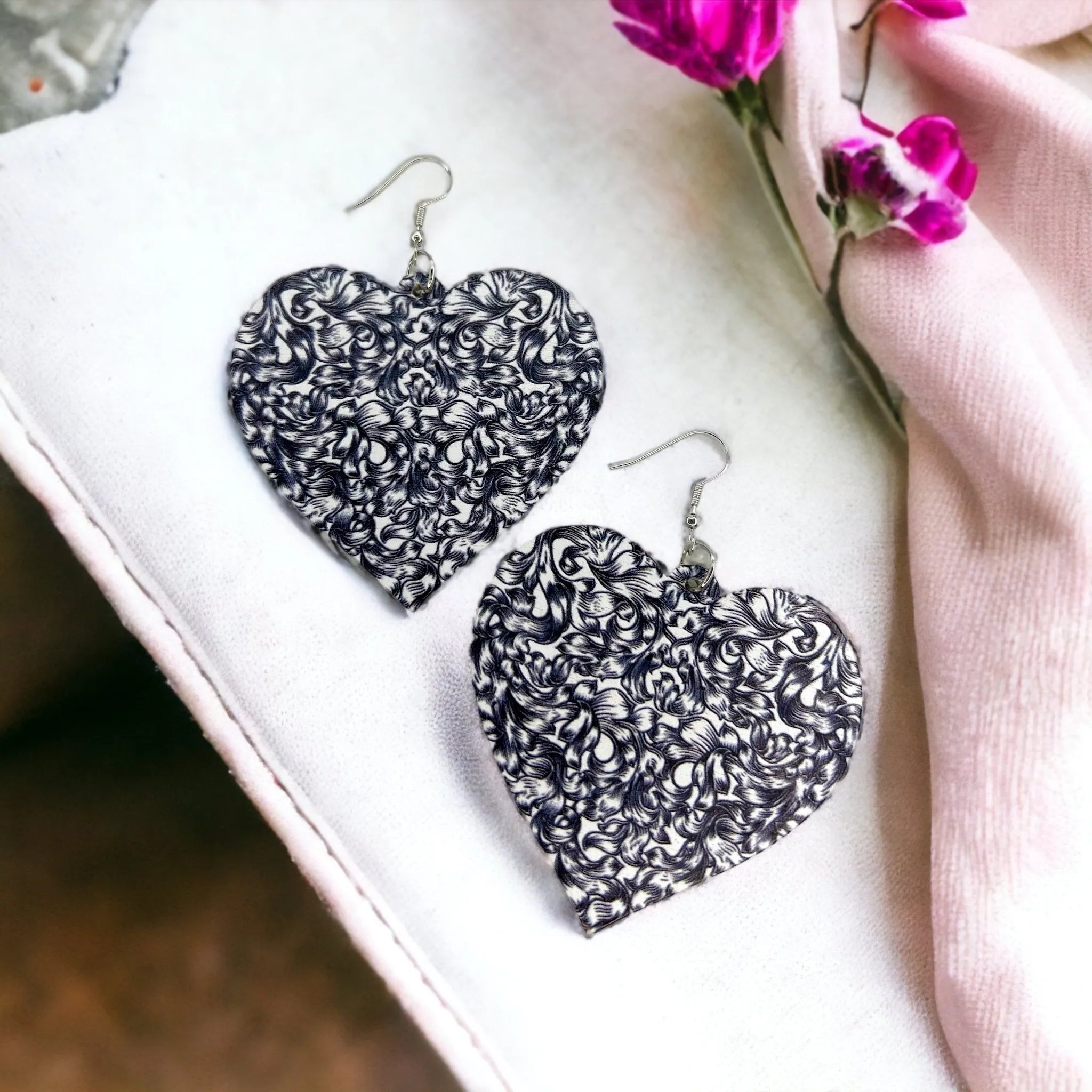 Black and White Heart Earrings - Black and White Earrings, Handmade Earrings, Black Paisley