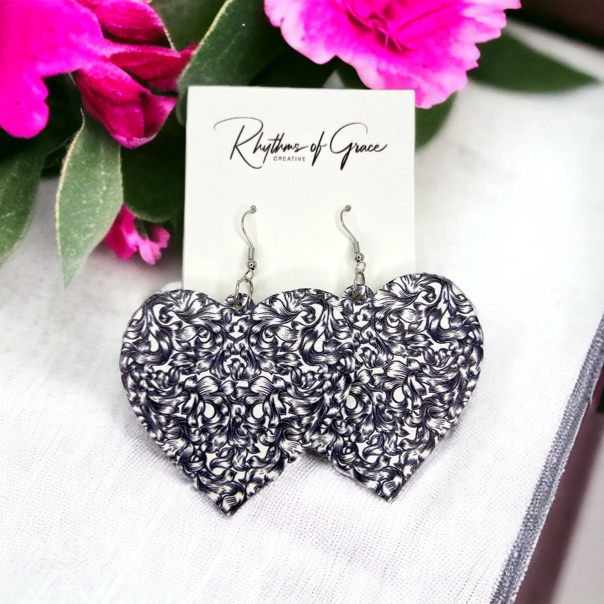 Black and White Heart Earrings - Black and White Earrings, Handmade Earrings, Black Paisley