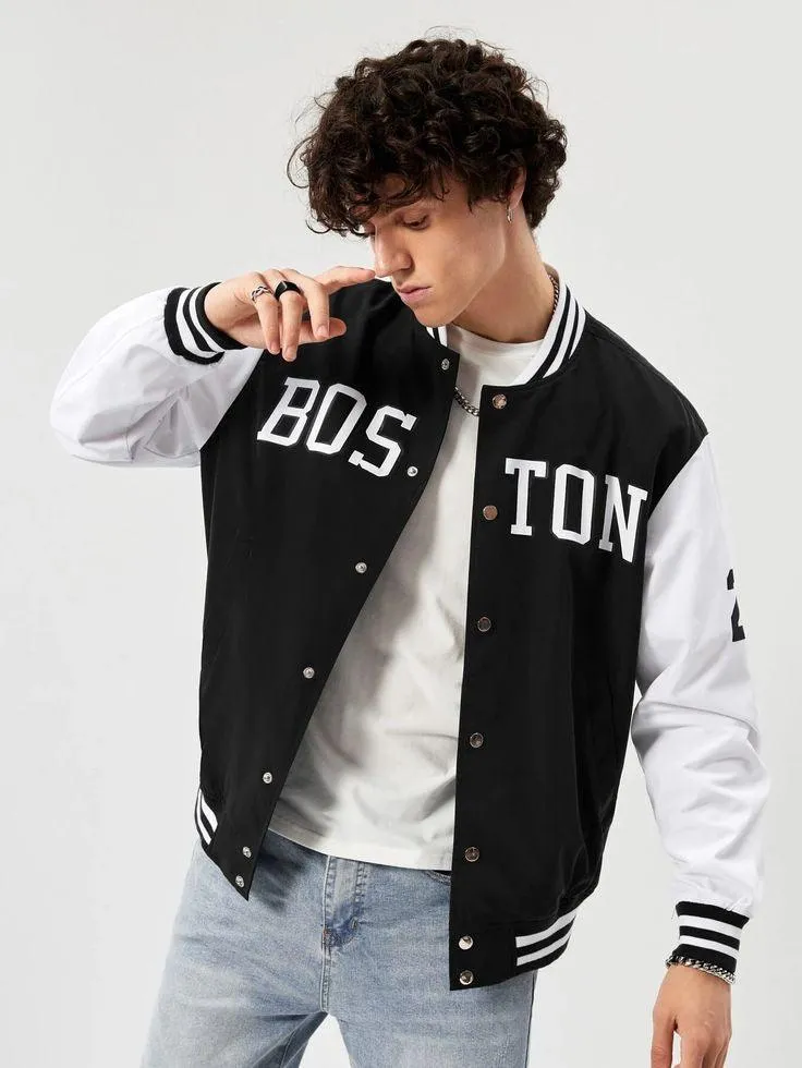 Black Boston Print Baseball jacket