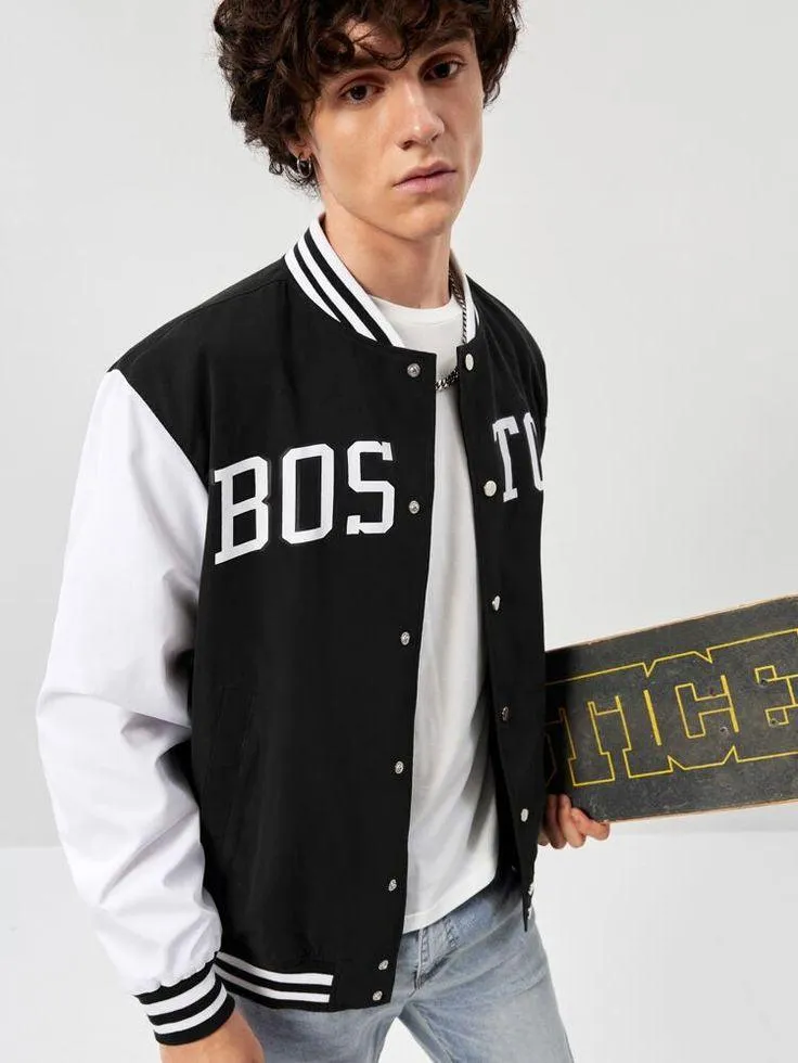 Black Boston Print Baseball jacket