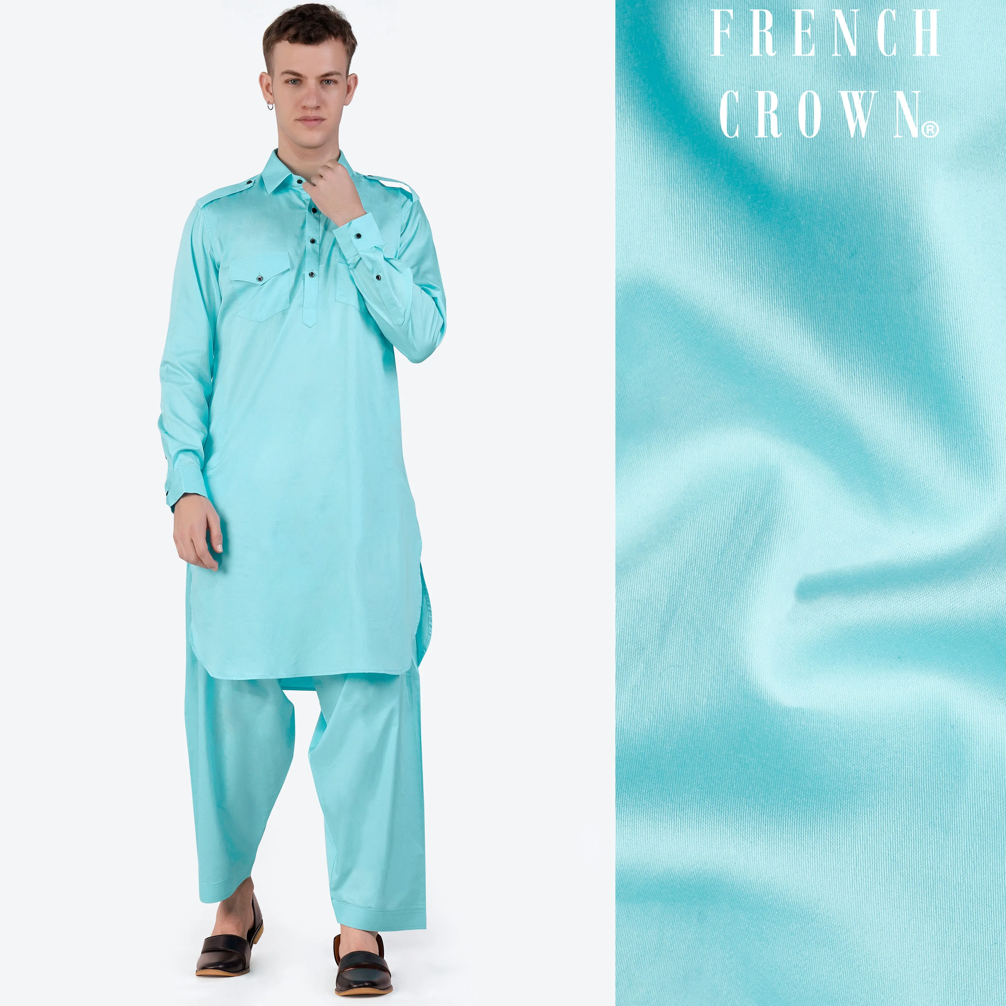 Blizzard Blue Subtle Sheen Super Soft Premium Cotton Pathani Set