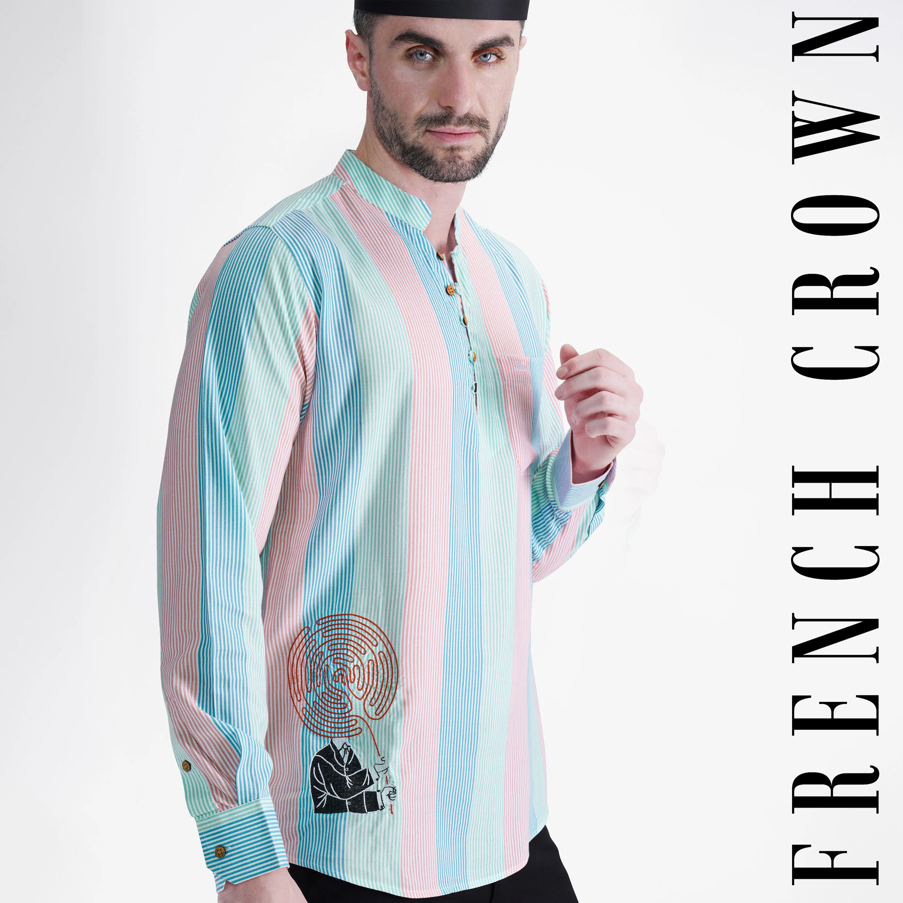 Blossom Pink and Multi-coloured with Artistic Embroidered Work Striped Premium Tencel Kurta Shirt