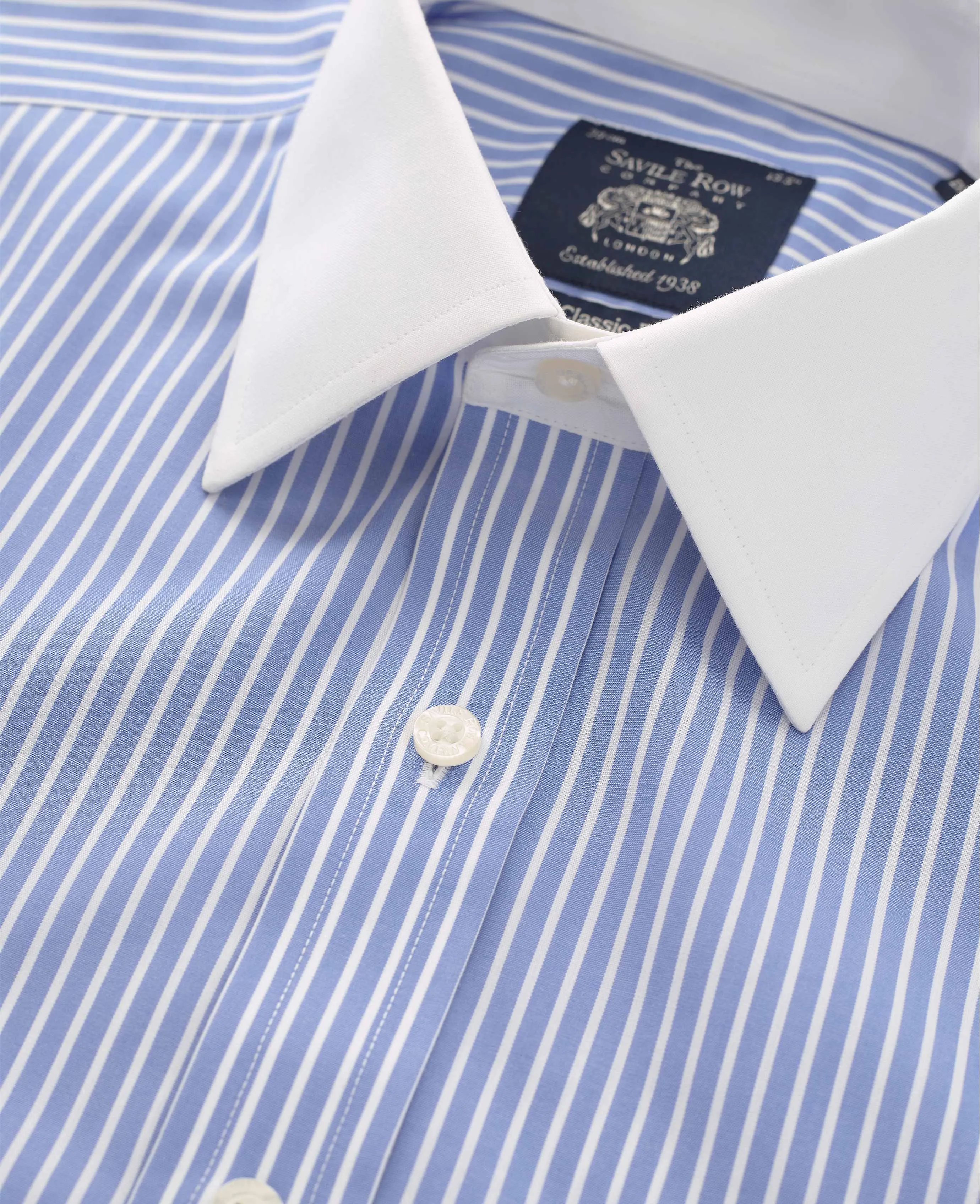 Blue White Stripe Classic Fit Non-Iron Formal Shirt With White Collar & Cuffs - Double Cuff