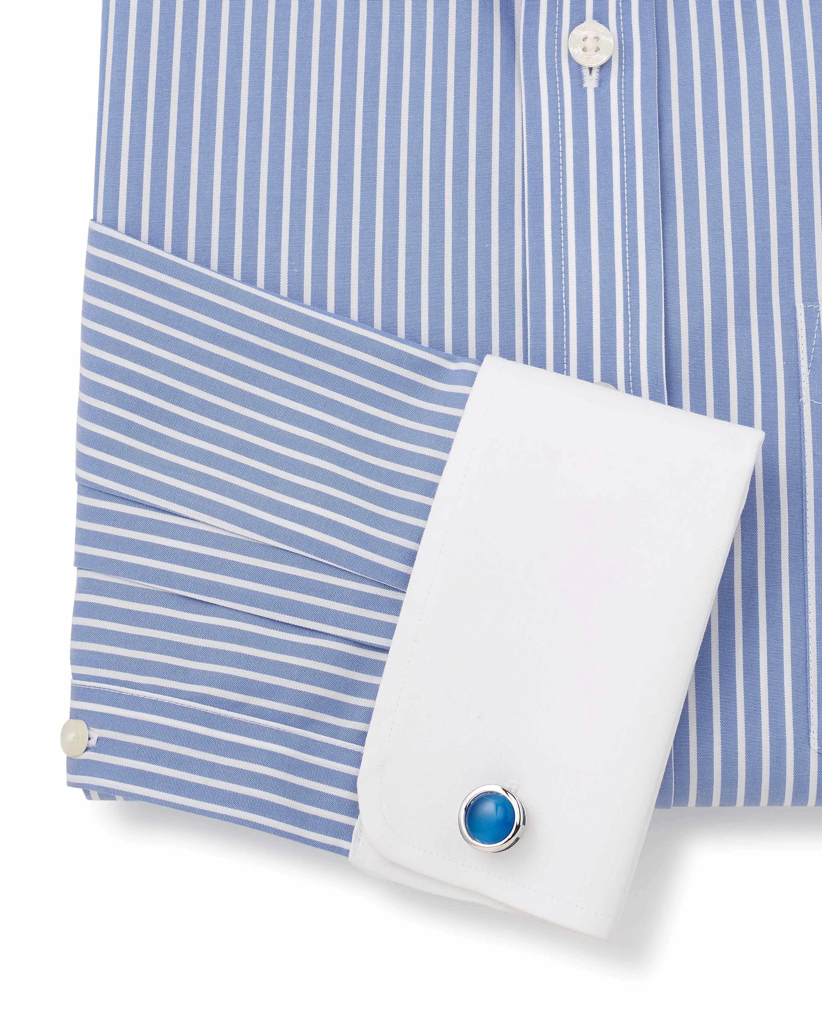 Blue White Stripe Classic Fit Non-Iron Formal Shirt With White Collar & Cuffs - Double Cuff