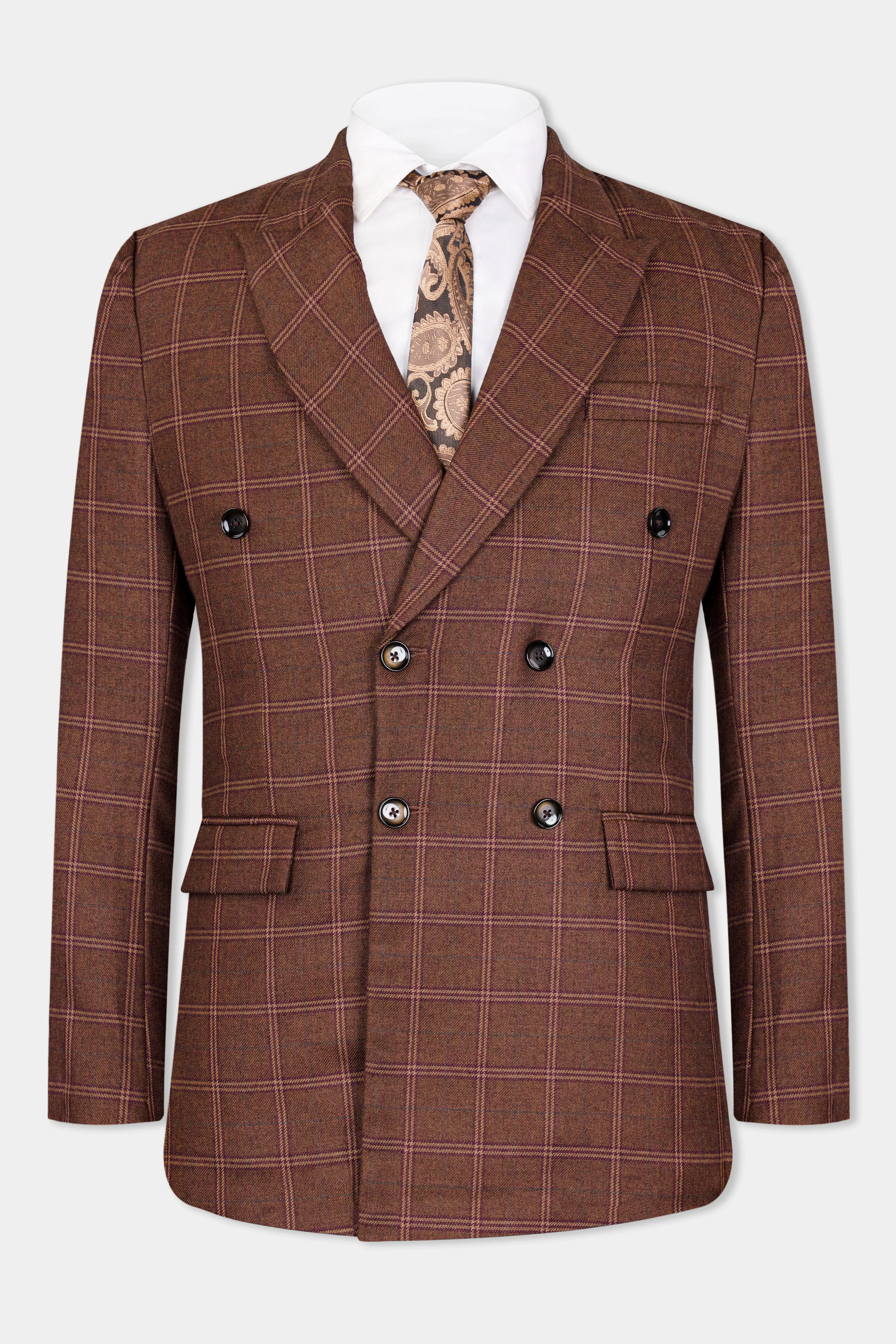 Bole Brown Windowpane Tweed Double Breasted Blazer