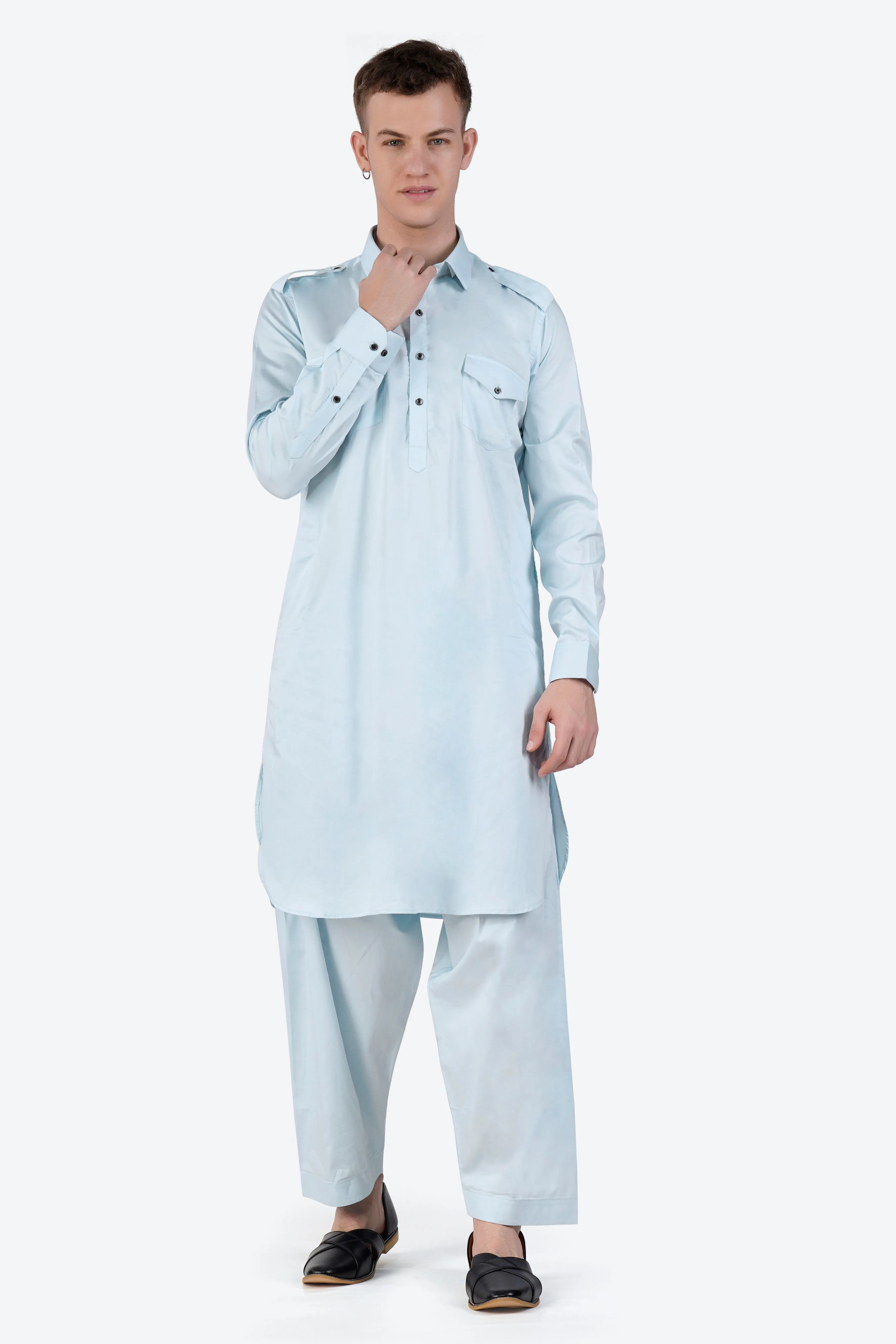 Botticelli Blue Subtle Sheen Super Soft Premium Cotton Pathani Set