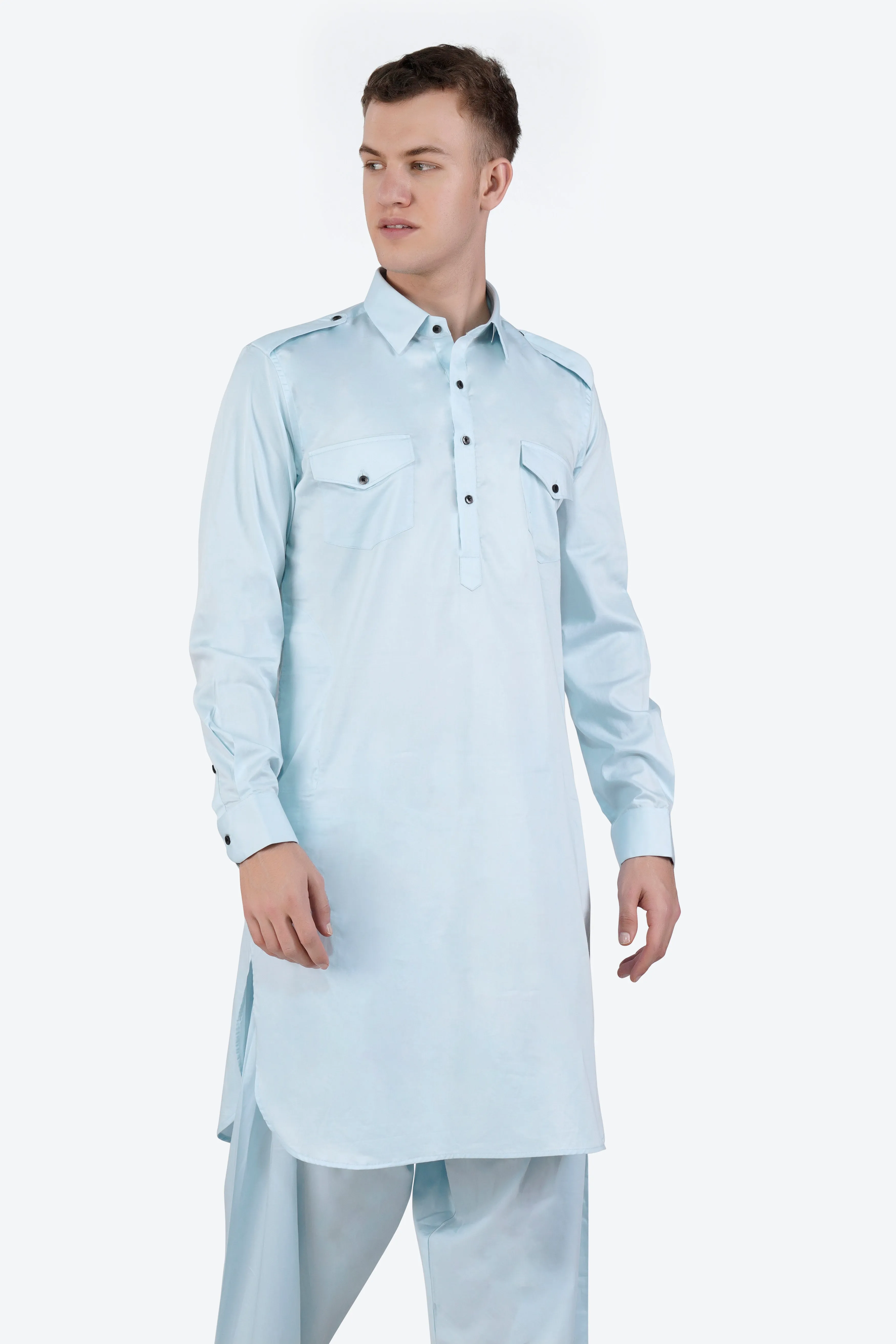 Botticelli Blue Subtle Sheen Super Soft Premium Cotton Pathani Set