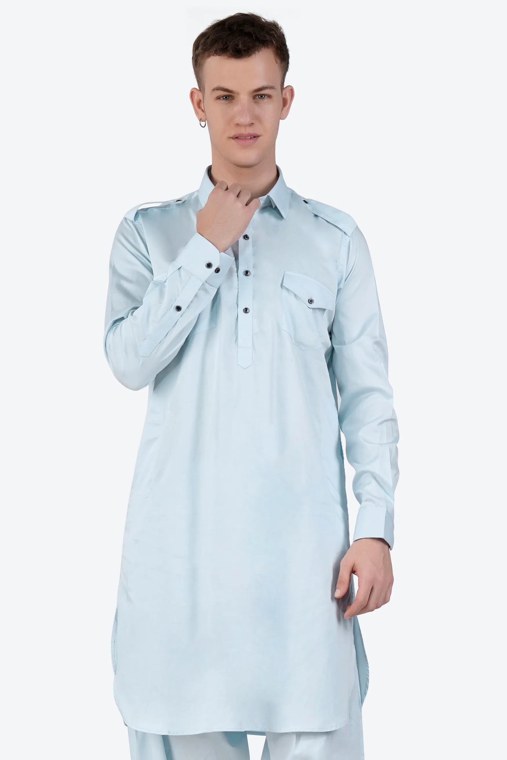 Botticelli Blue Subtle Sheen Super Soft Premium Cotton Pathani