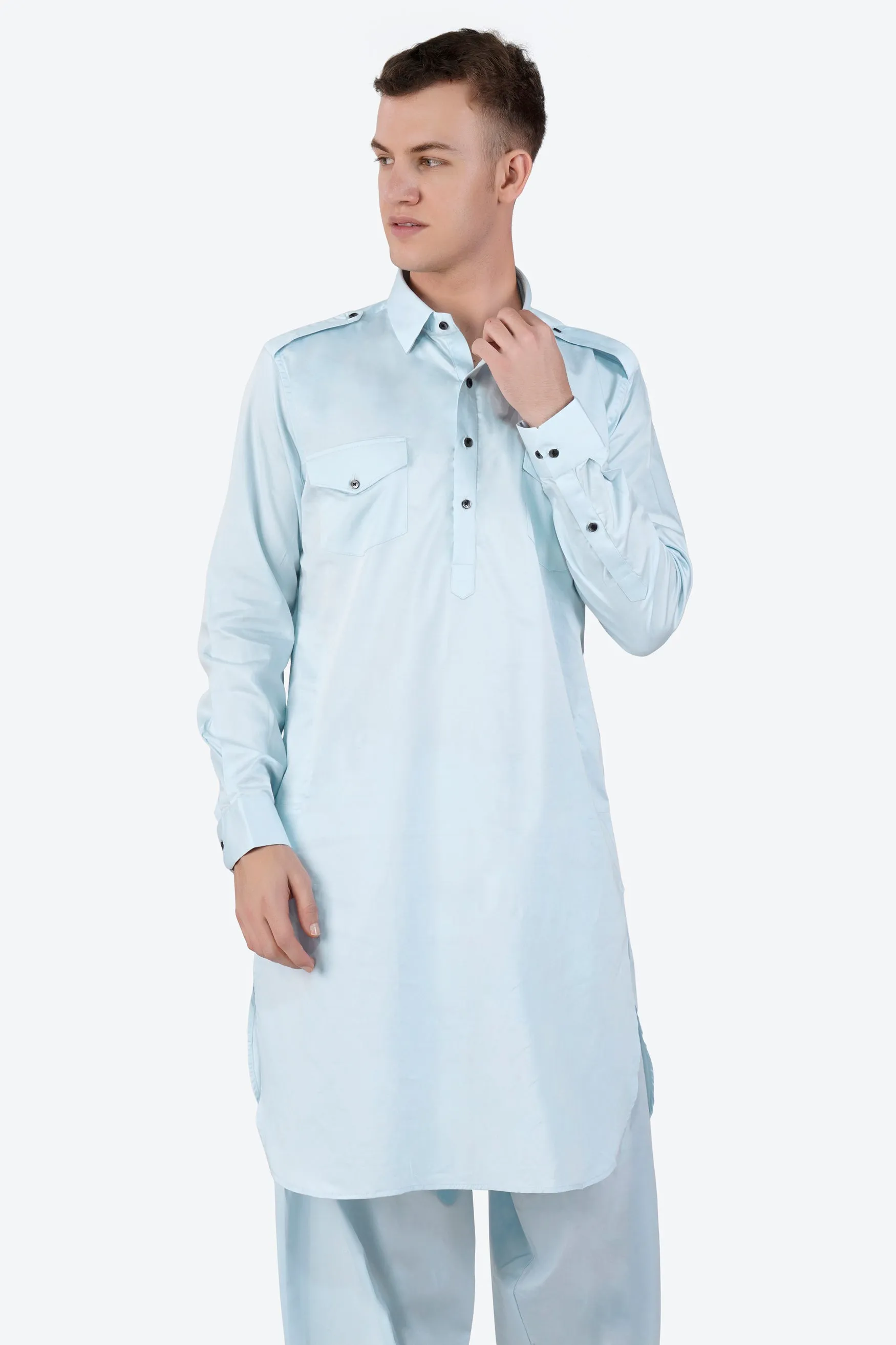 Botticelli Blue Subtle Sheen Super Soft Premium Cotton Pathani