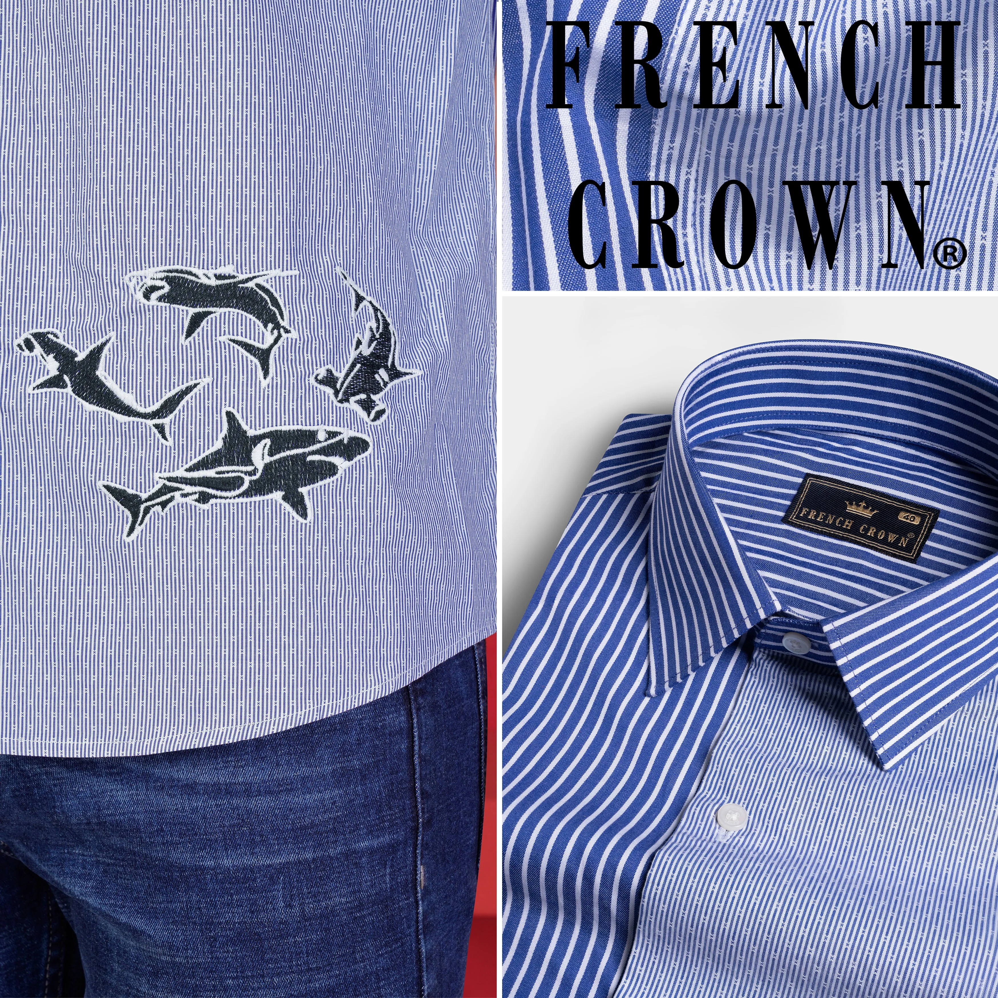 Bright White and Astronaut Blue Striped with Fishes Embroidered Premium Cotton Designer Shirt