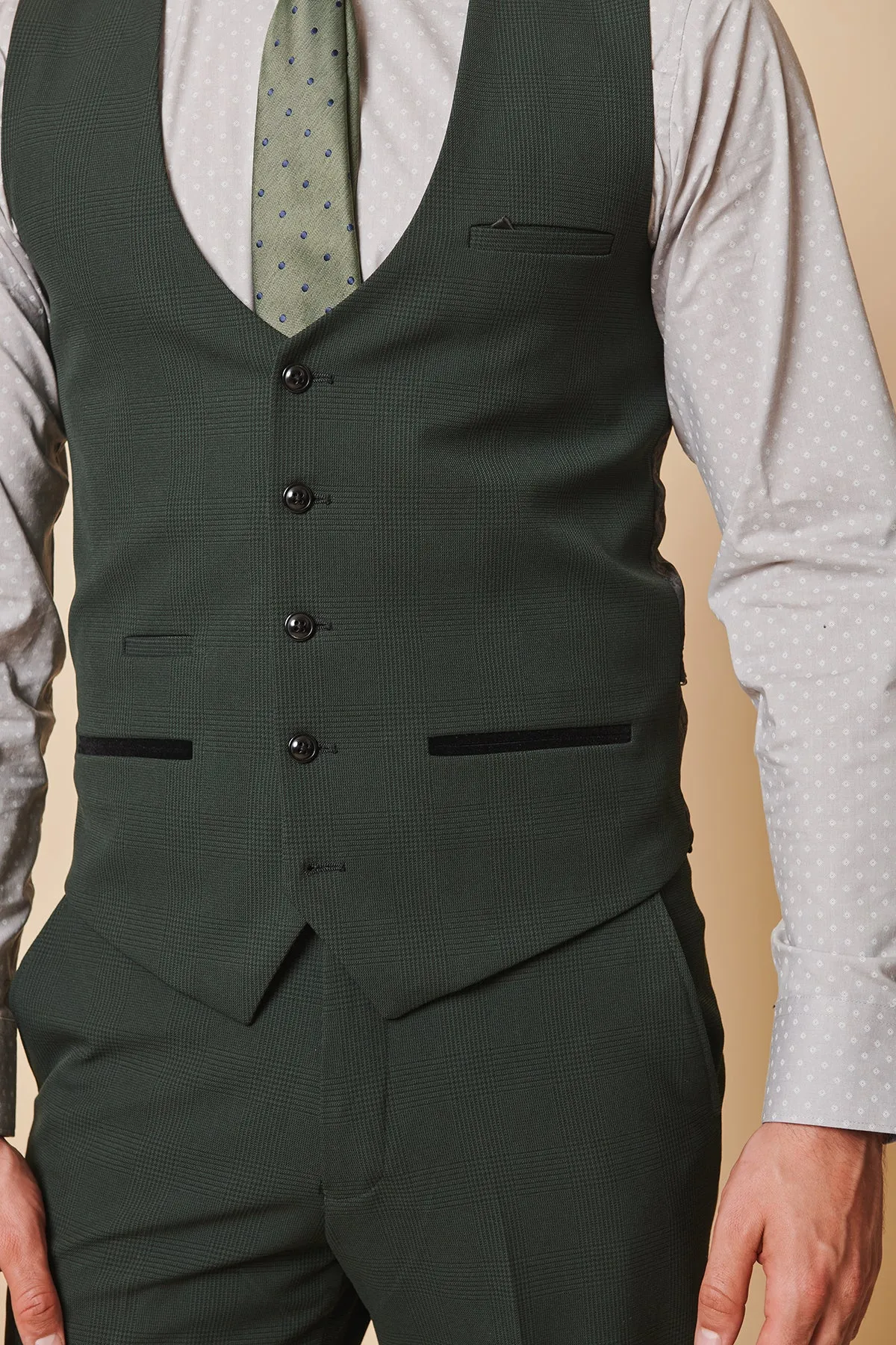 BROMLEY - Olive Green Single Breasted Check Waistcoat