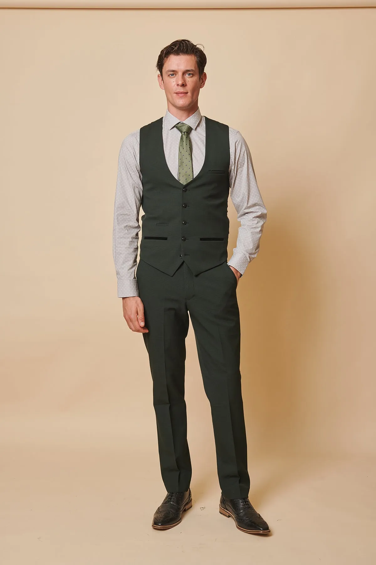 BROMLEY - Olive Green Single Breasted Check Waistcoat