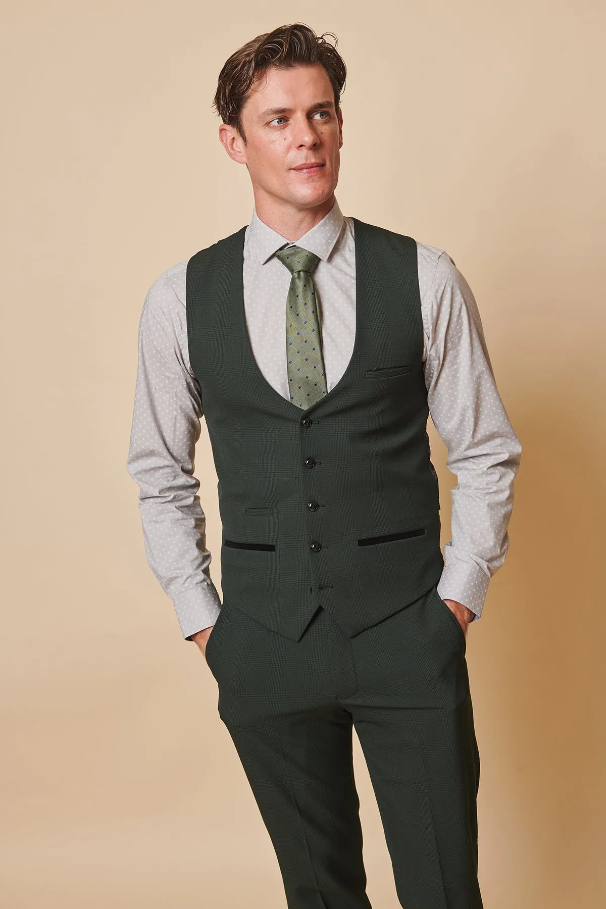 BROMLEY - Olive Green Single Breasted Check Waistcoat