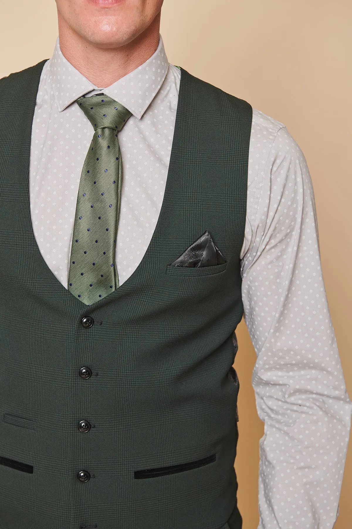 BROMLEY - Olive Green Single Breasted Check Waistcoat