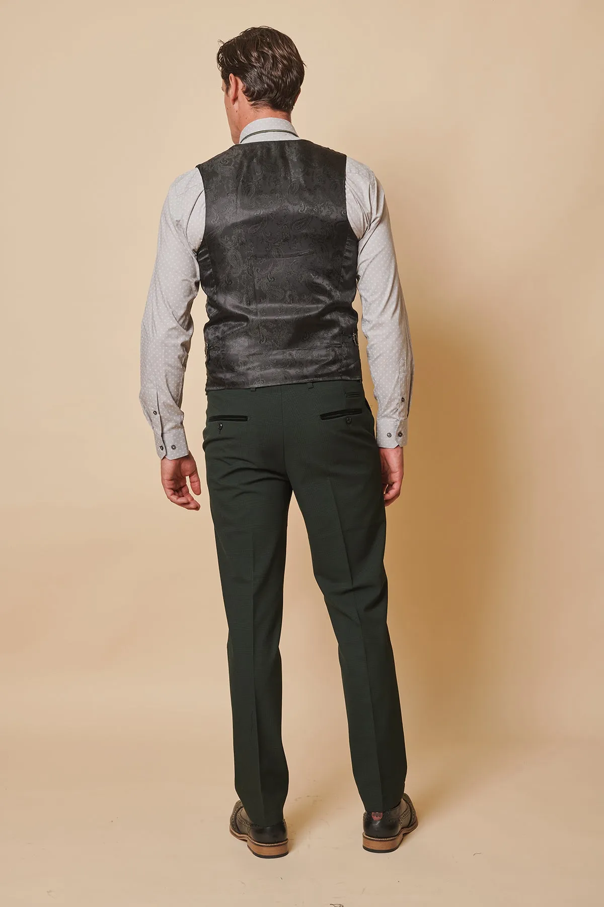 BROMLEY - Olive Green Single Breasted Check Waistcoat