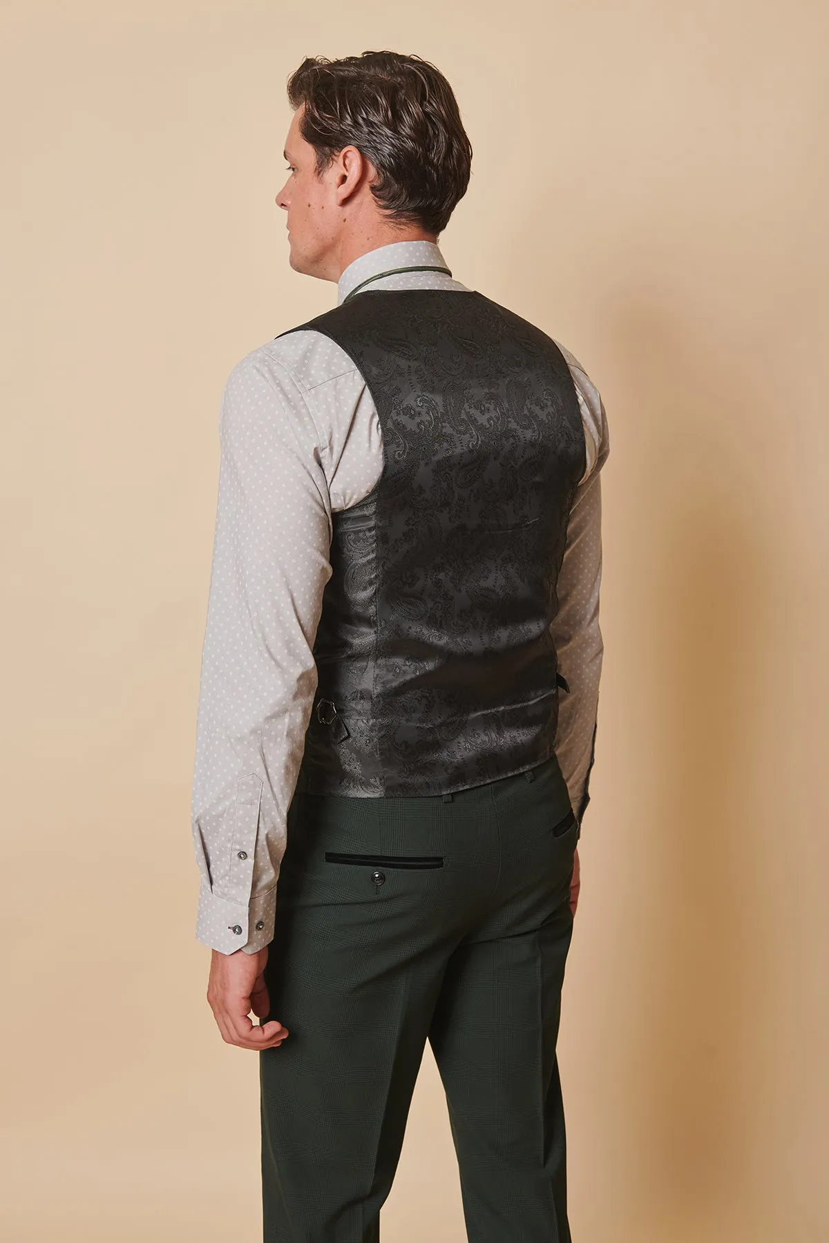 BROMLEY - Olive Green Single Breasted Check Waistcoat