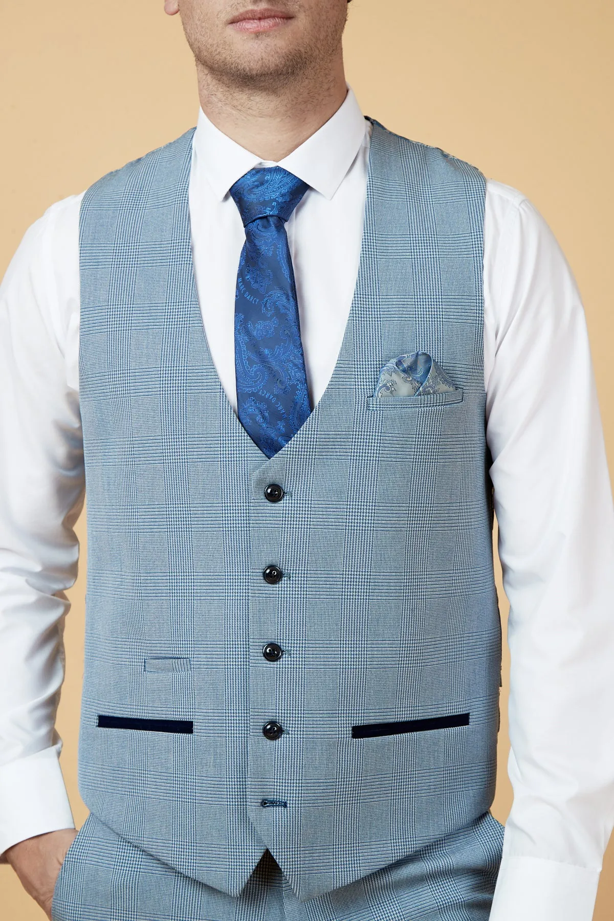 BROMLEY - Sky Blue Single Breasted Check Waistcoat