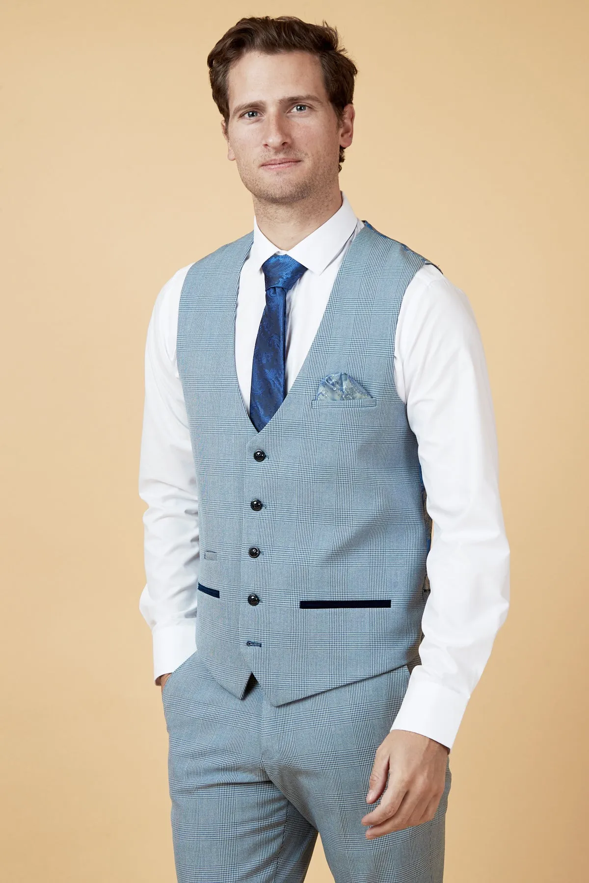 BROMLEY - Sky Blue Single Breasted Check Waistcoat