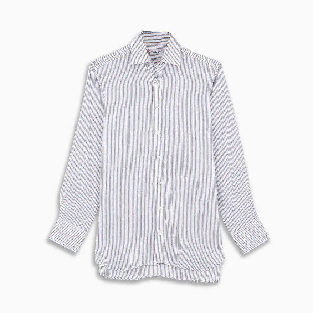 Brown and Blue Ticking Stripe Linen Shirt with POW Collar and 3-Button Cuffs