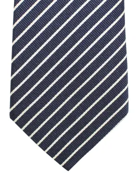 Brunello Cucinelli Silk Tie Dark Blue White Stripes Design