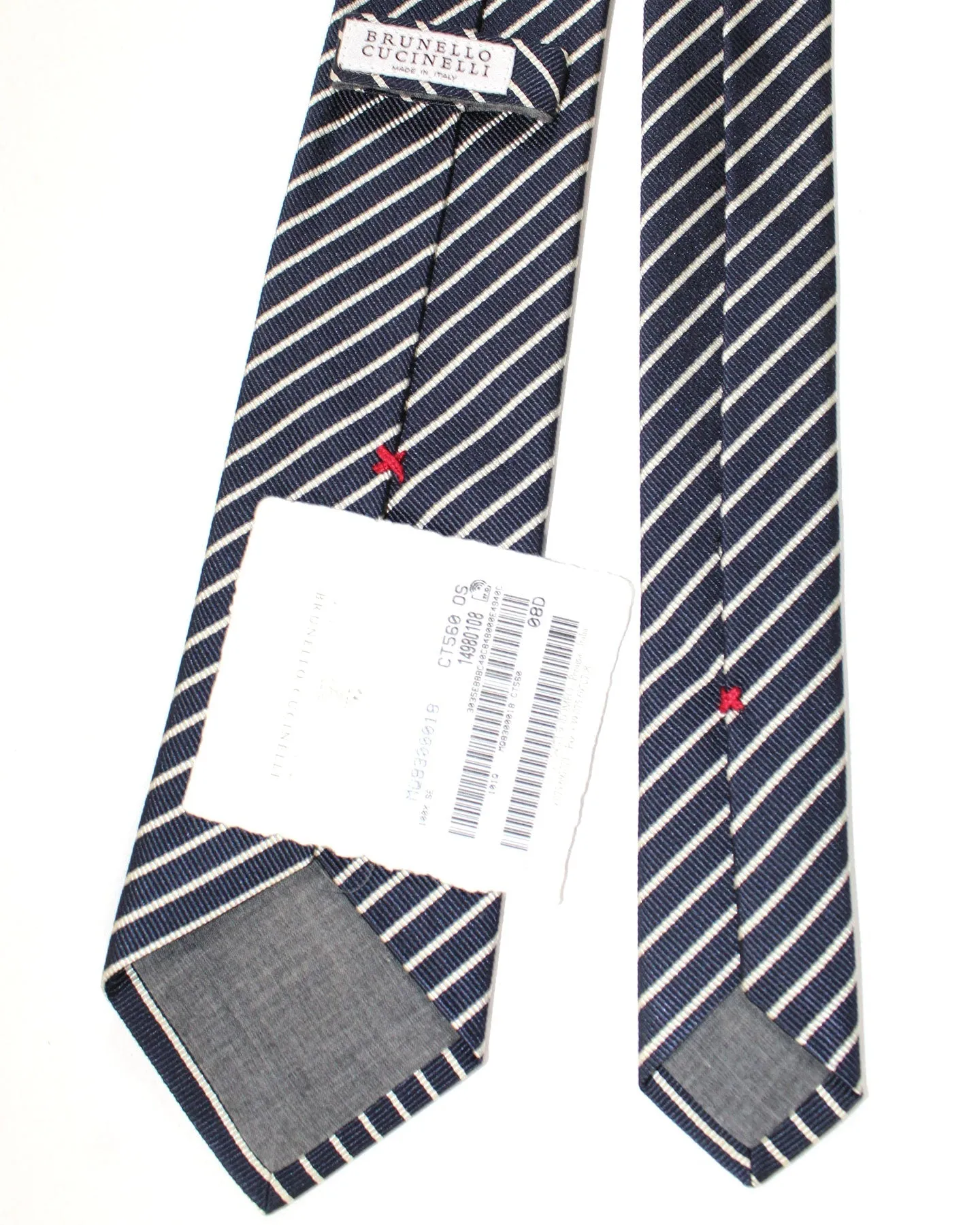 Brunello Cucinelli Silk Tie Dark Blue White Stripes Design