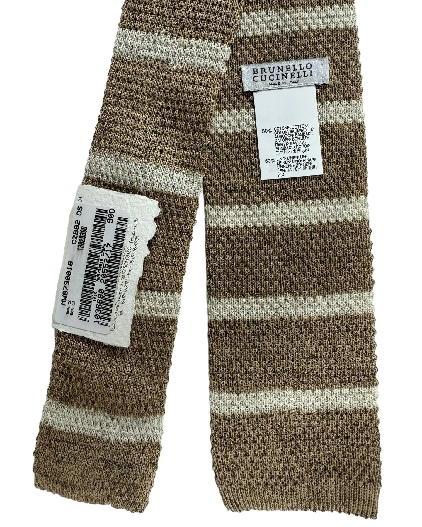 Brunello Cucinelli Square End Knitted Tie Taupe Horizontal Stripes SALE