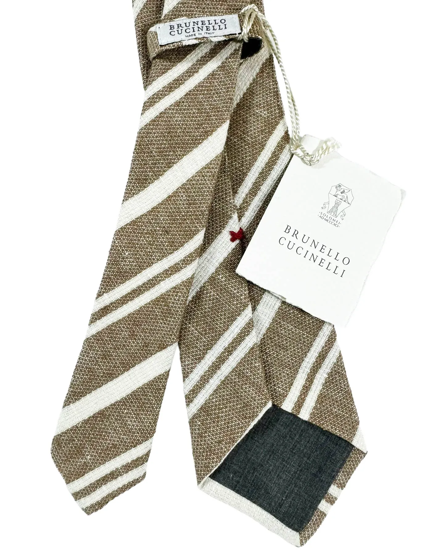 Brunello Cucinelli Tie Brown White Stripes Design Linen Silk FINAL SALE