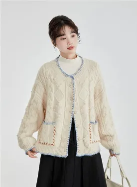 Cable Knit Contrast Trim Oversized Cardigan