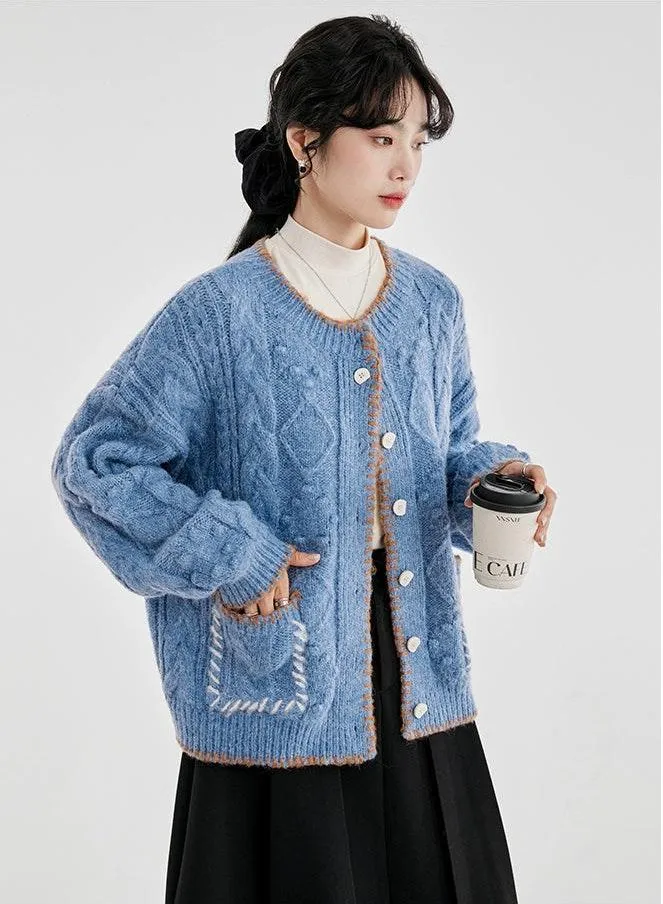 Cable Knit Contrast Trim Oversized Cardigan