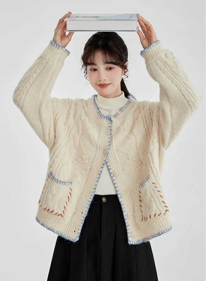 Cable Knit Contrast Trim Oversized Cardigan