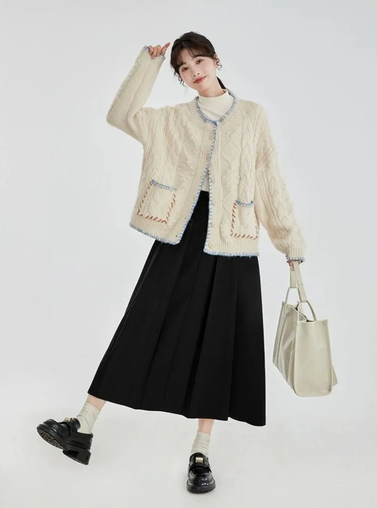 Cable Knit Contrast Trim Oversized Cardigan