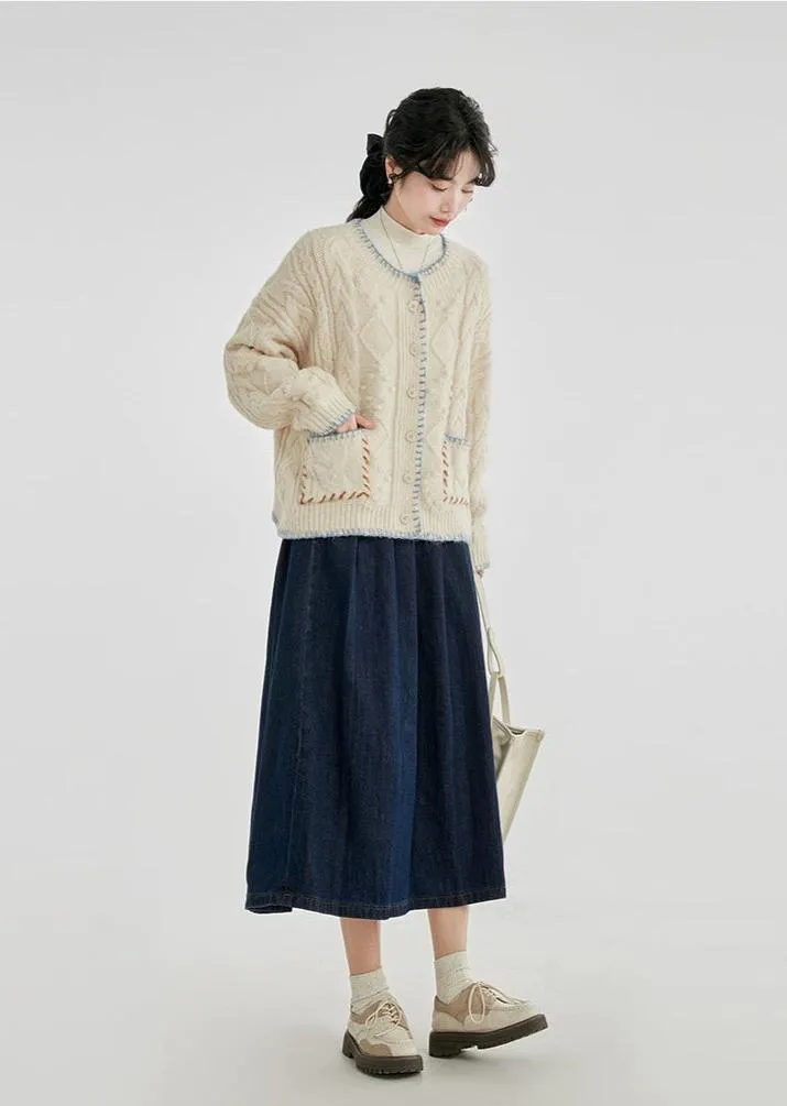 Cable Knit Contrast Trim Oversized Cardigan