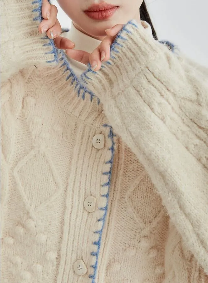 Cable Knit Contrast Trim Oversized Cardigan