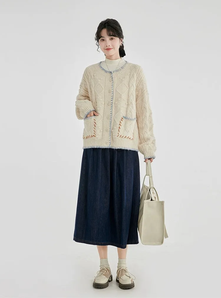 Cable Knit Contrast Trim Oversized Cardigan