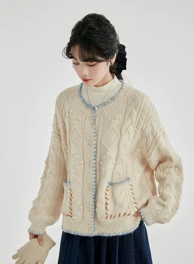 Cable Knit Contrast Trim Oversized Cardigan