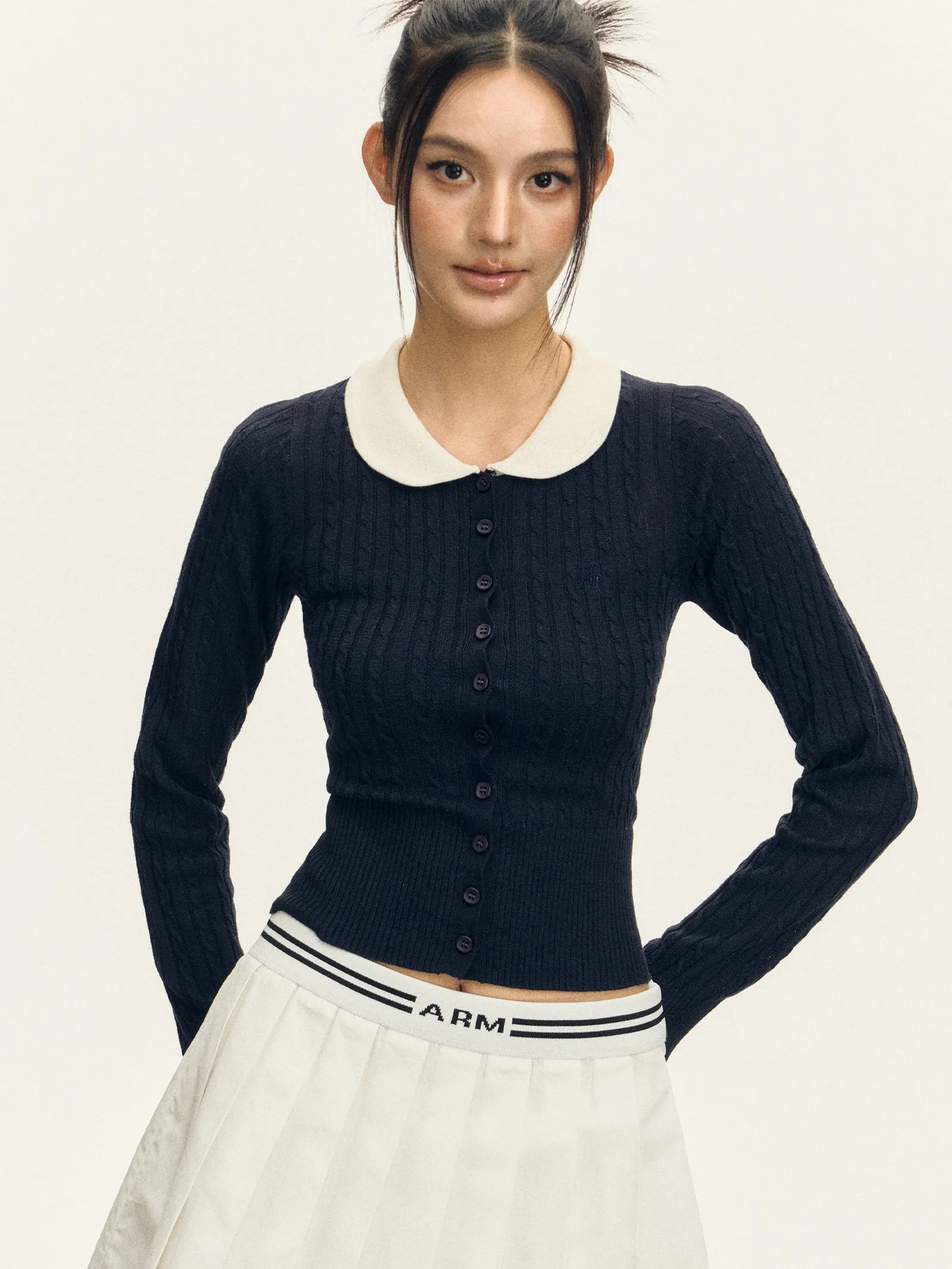 Cable Knit Crop Cardigan with Contrast Collar