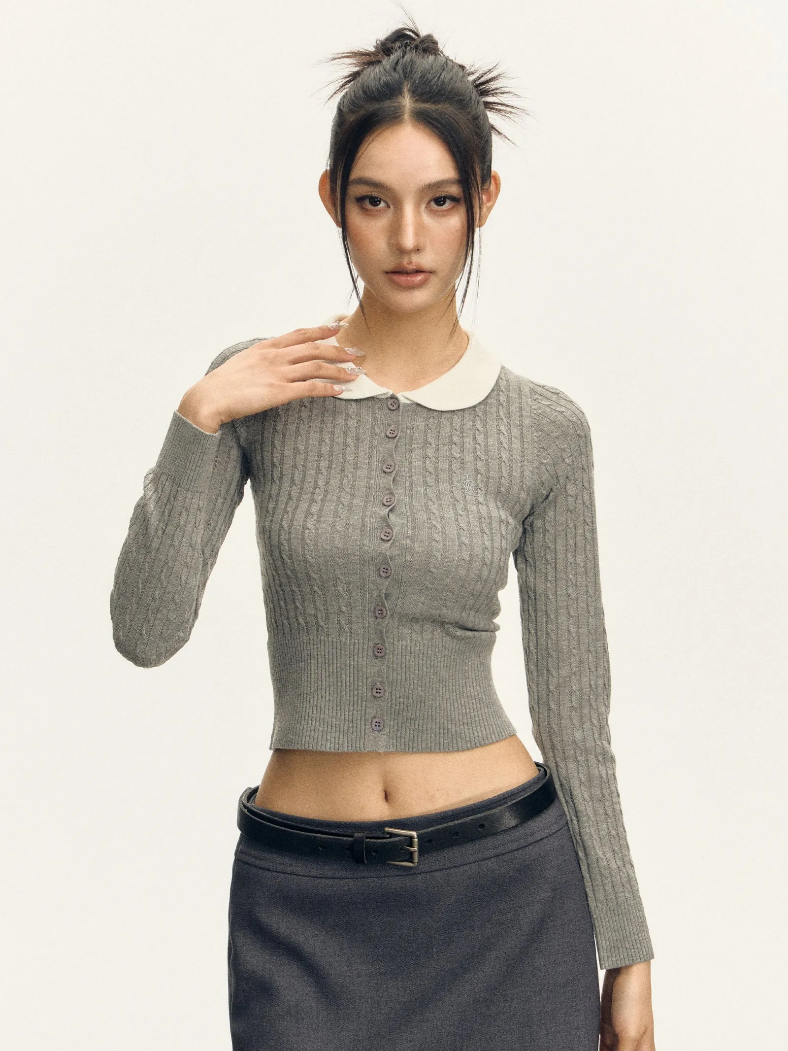 Cable Knit Crop Cardigan with Contrast Collar