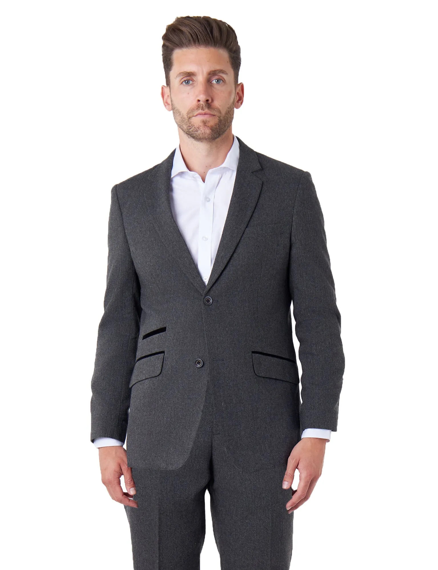 CALIX – Dark Grey Herringbone Tailored 2 Piece Suit