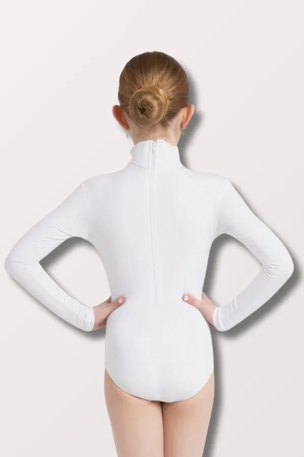 Children's Zip Back Turtleneck Long Sleeve Nylon Leotard w/ Snaps - White