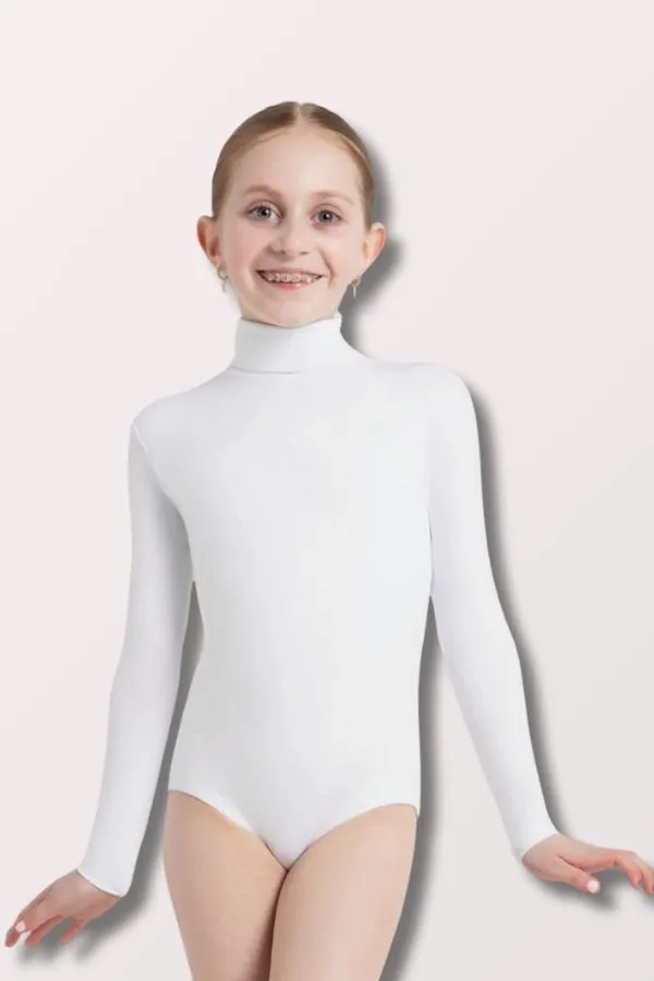 Children's Zip Back Turtleneck Long Sleeve Nylon Leotard w/ Snaps - White