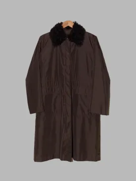 Courreges 1980s - 1990s brown quilted zip coat with detachable fur collar