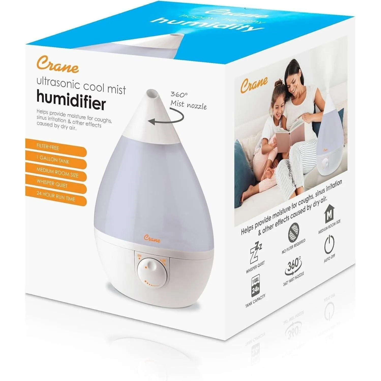 Crane Ultrasonic Drop Cool Mist Humidifier White - 1 Gallon