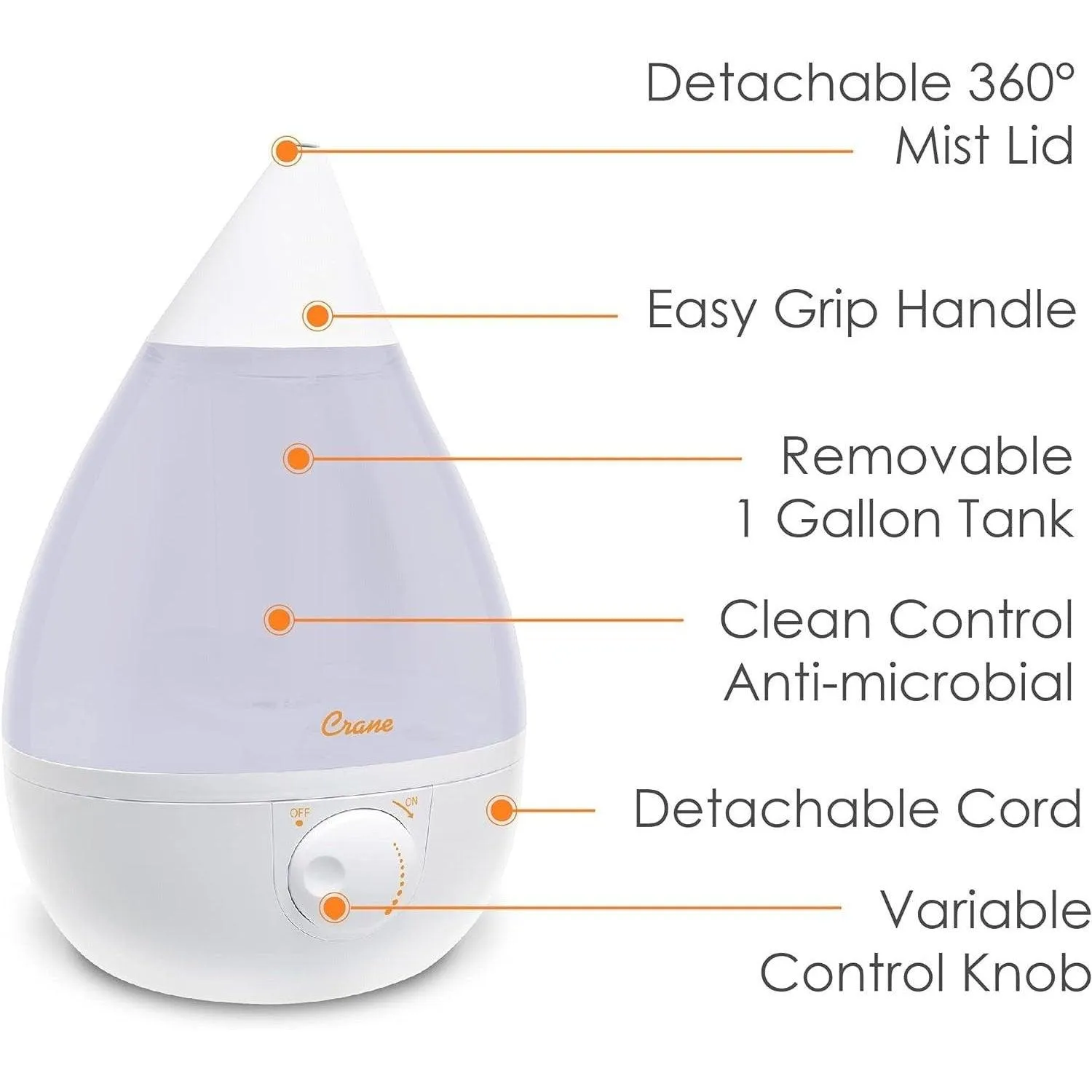 Crane Ultrasonic Drop Cool Mist Humidifier White - 1 Gallon