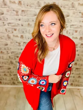 Crochet Slv Cardigan Red