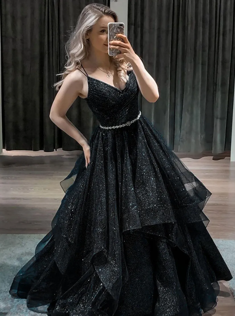 Dark Blue Tulle Sequin Long Prom Dress Blue Formal Dress