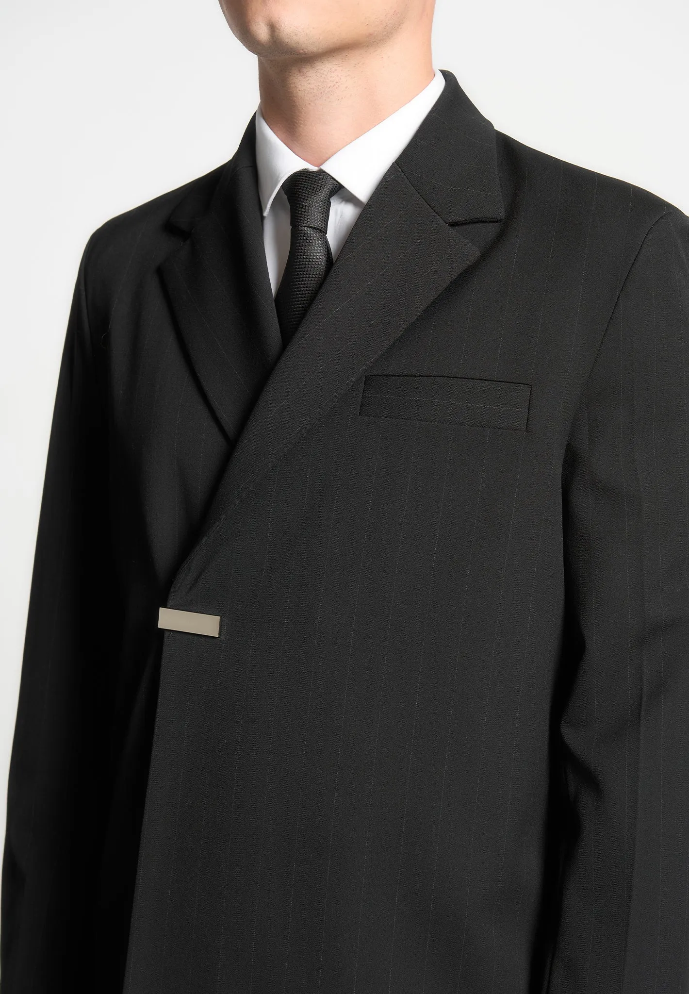 Double Breasted Pinstripe Suit Jacket - Black