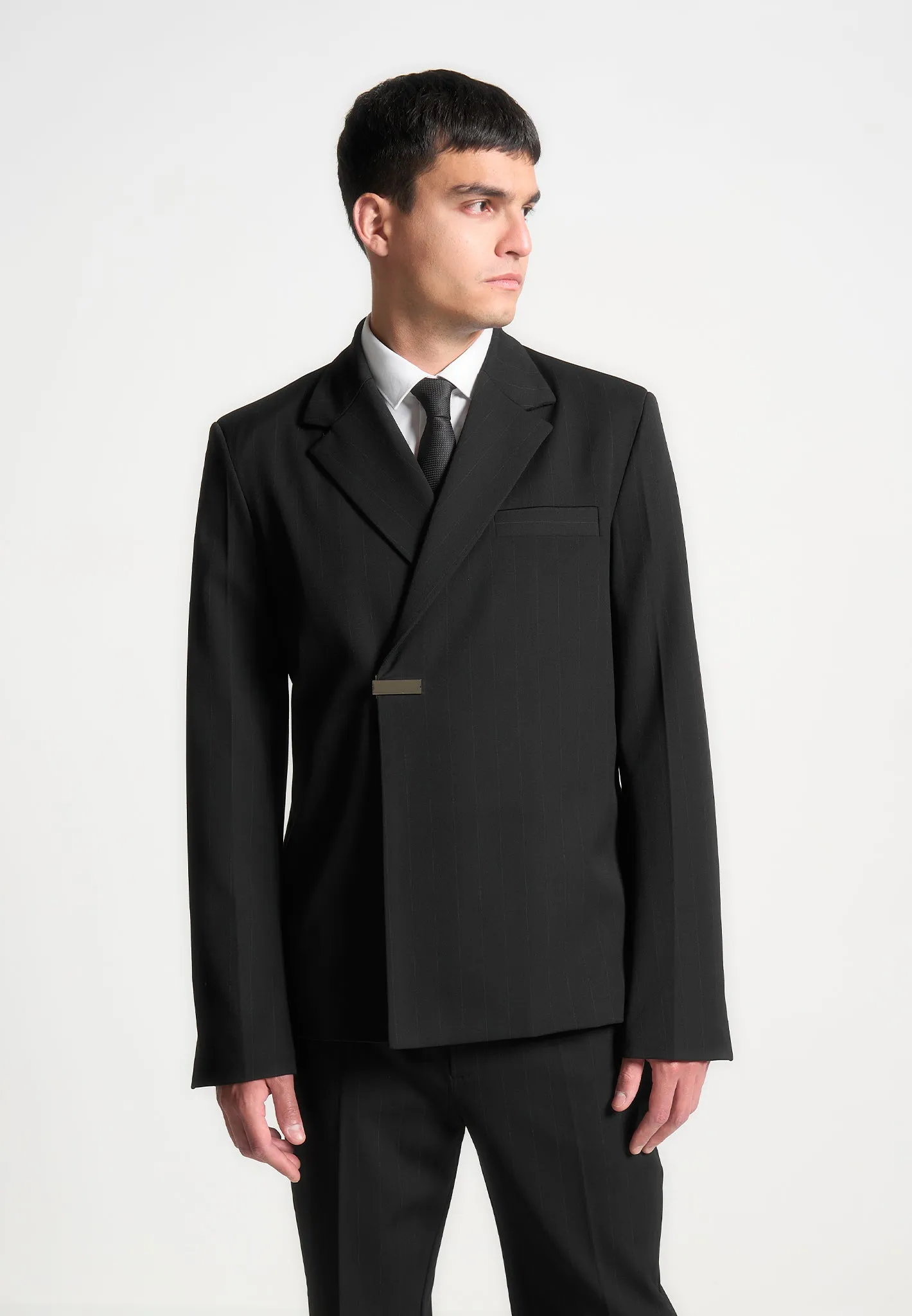 Double Breasted Pinstripe Suit Jacket - Black